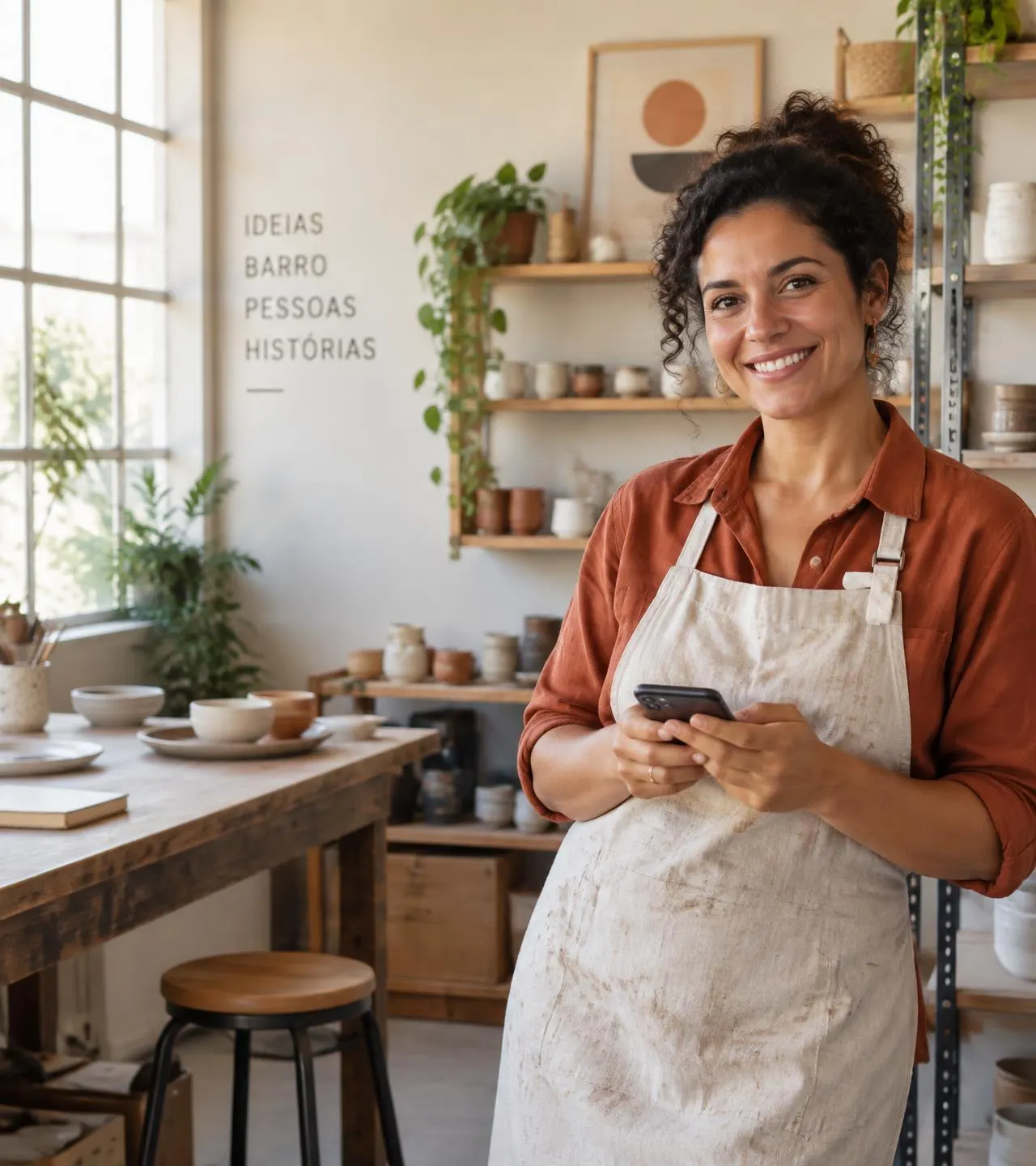 Empreendedora sorrindo em seu ateliê de cerâmica, segurando o celular